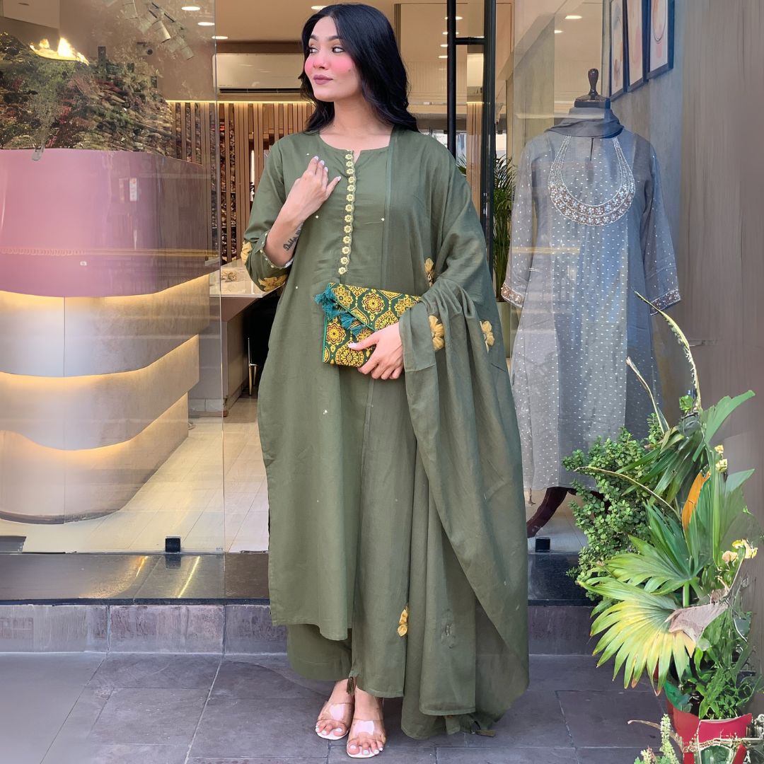 Gulbano Olive Green Chanderi Silk Embroidered Kurta Set with Dupatta