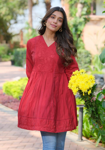 Heavy Silk Maroon Embroidery Stylish Tunic