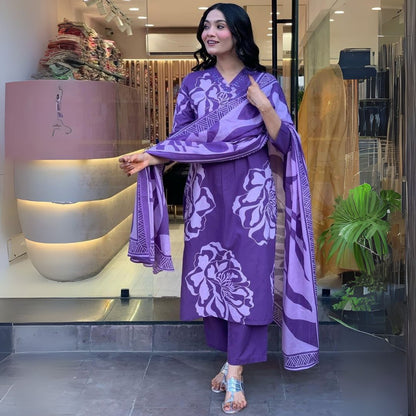 Elegant Purple Mal Cotton Embroidered Suit Set with Dupatta