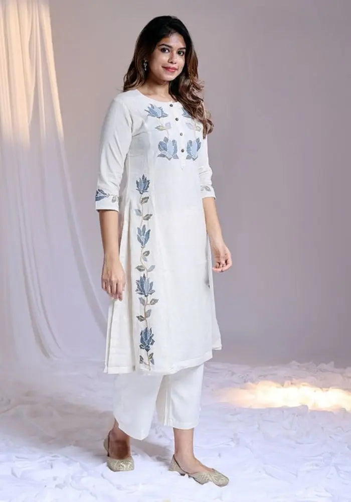 Buy Round Neck Floral Threadwork Design White Cotton Salwar Set  Women’s Fashion Online - We Shine