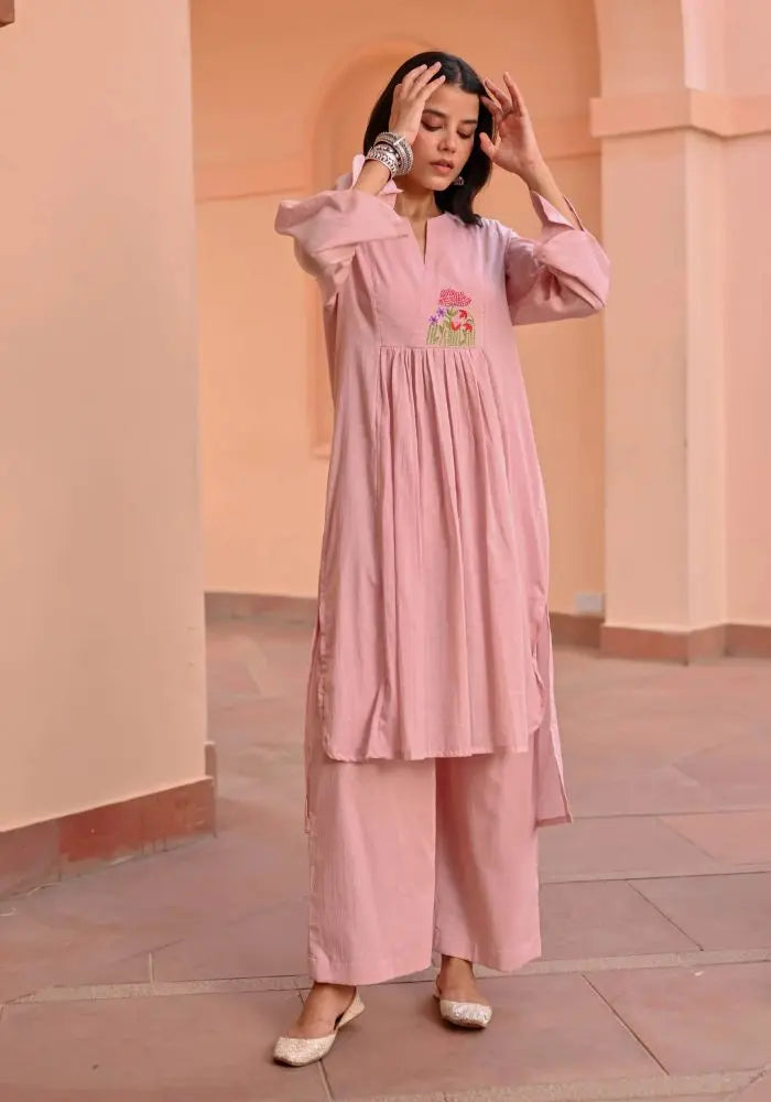Buy Elegant Light Pink Cotton Kurta with Floral Embroidery  Women’s Fashion Online - We Shine