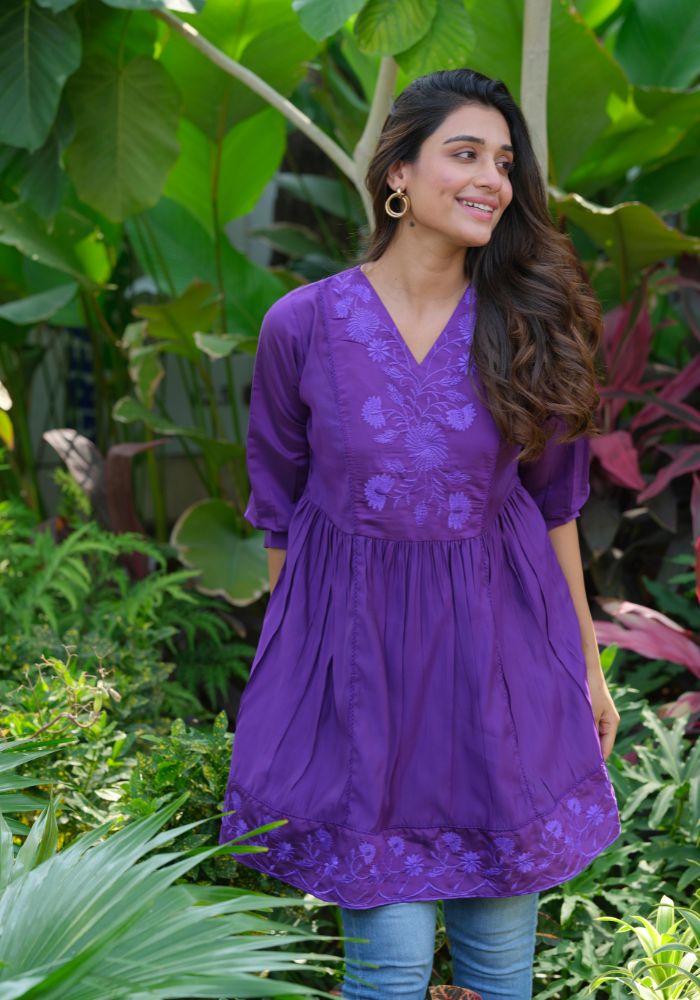 Heavy Silk Purple Embroidery Stylish Tunic for Women