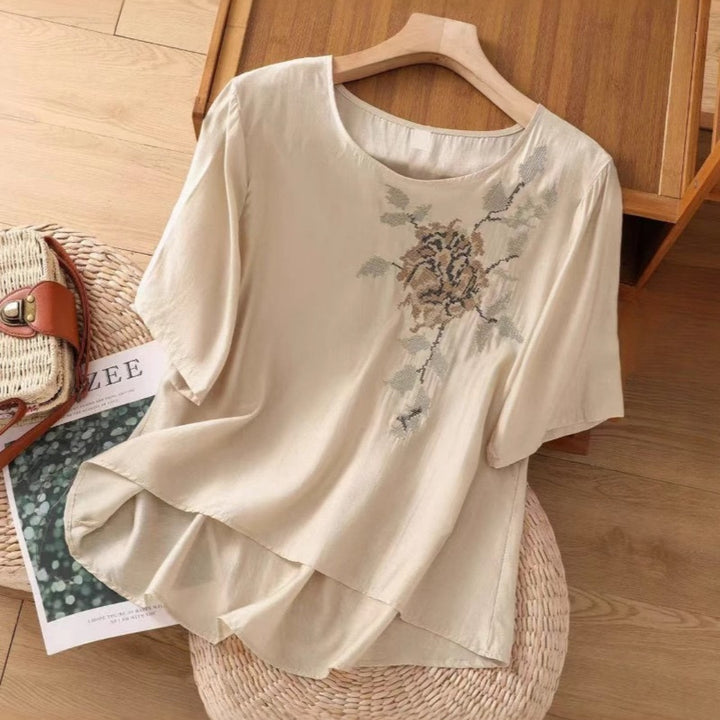 Floral Embroidered Cotton Linen Top | Oversized Layered Hem Blouse