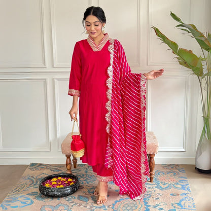 Graceful Chanderi Embroidered Suit Set with Printed Muslin Dupatta