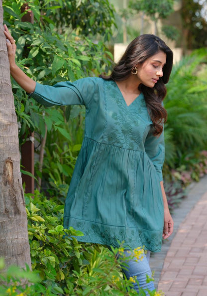 Heavy Silk Green Embroidery Stylish Tunic for Women