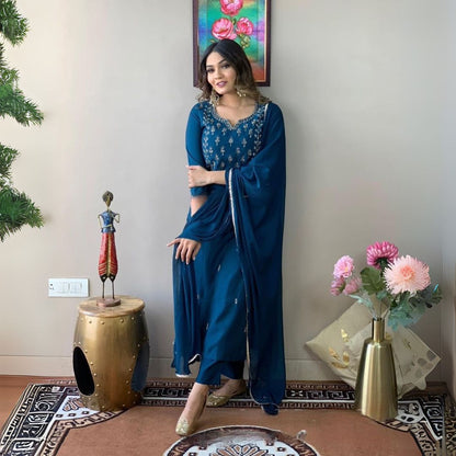 Teal Blue Embroidered Rayon Slub Suit Set with Chinnon Dupatta