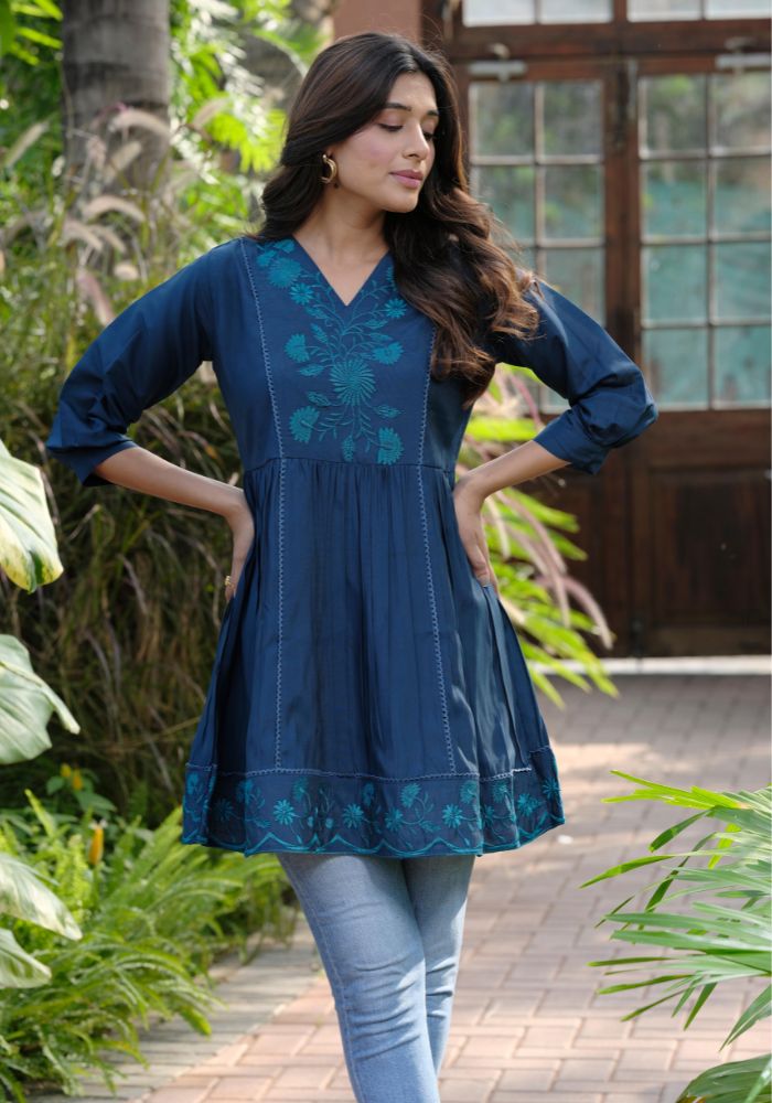 Heavy Silk Blue Embroidery Stylish Tunic for Women