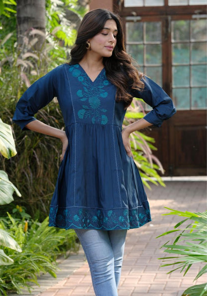 Heavy Silk Blue Embroidery Stylish Tunic for Women