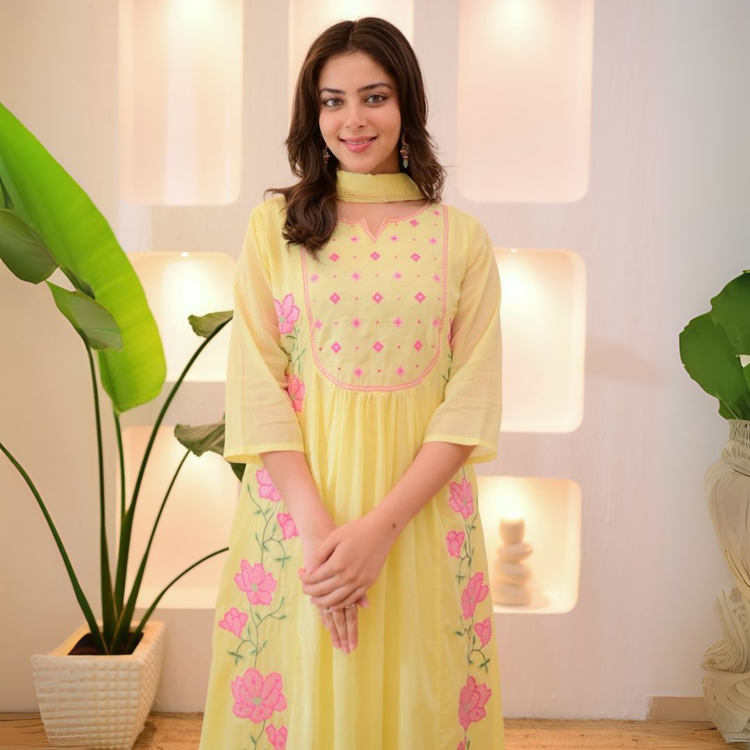 Sunshine Blossom Embroidered Suit Set with Parampara Silk with Organza Dupatta