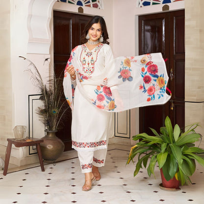 Ivory Bloom Embroidered Chanderi Silk Suit Set with Floral Dupatta