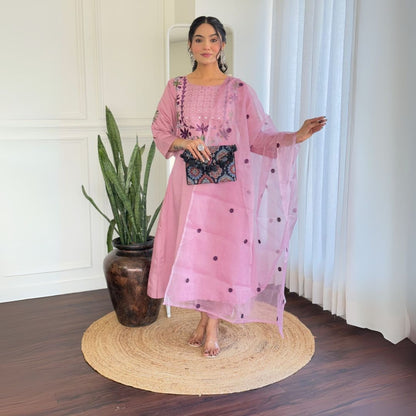 Lavender Embroidered Chanderi Silk Suit Set with Organza Dupatta