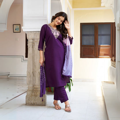 Royal Purple Chanderi Silk Embroidered Suit Set with Ombre French Crepe Dupatta