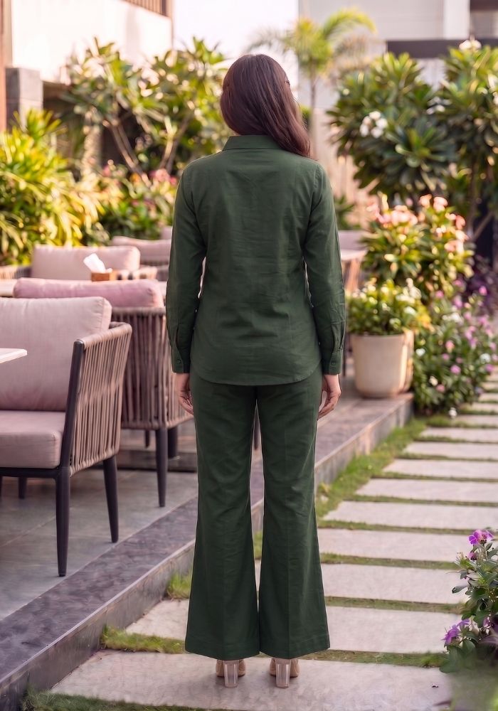 Women’s Cotton Shirt &amp; Flared Pant Teal Green Co-Ord Set