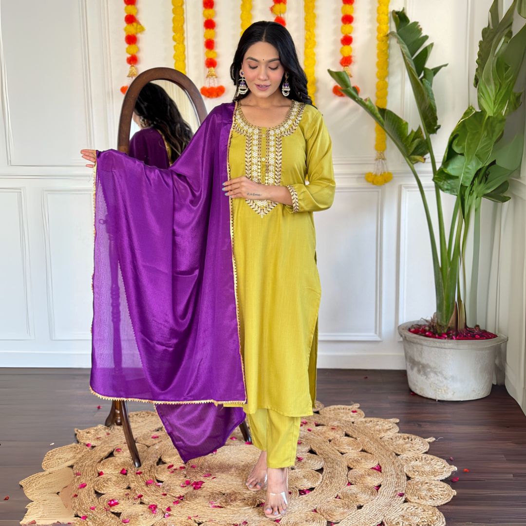 Olive-Gold Embroidered Suit Set with Royal Purple Dupatta