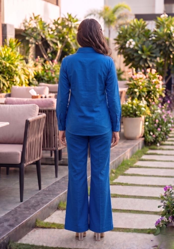 Women’s Cotton Shirt &amp; Flared Pant Blue Co-Ord Set