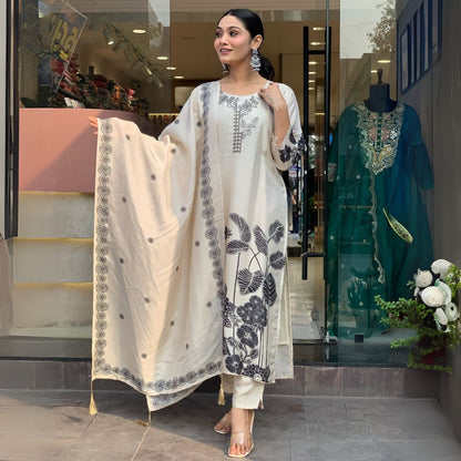 Elegant White Embroidered Chinon Silk Kurta Set with Printed Dupatta