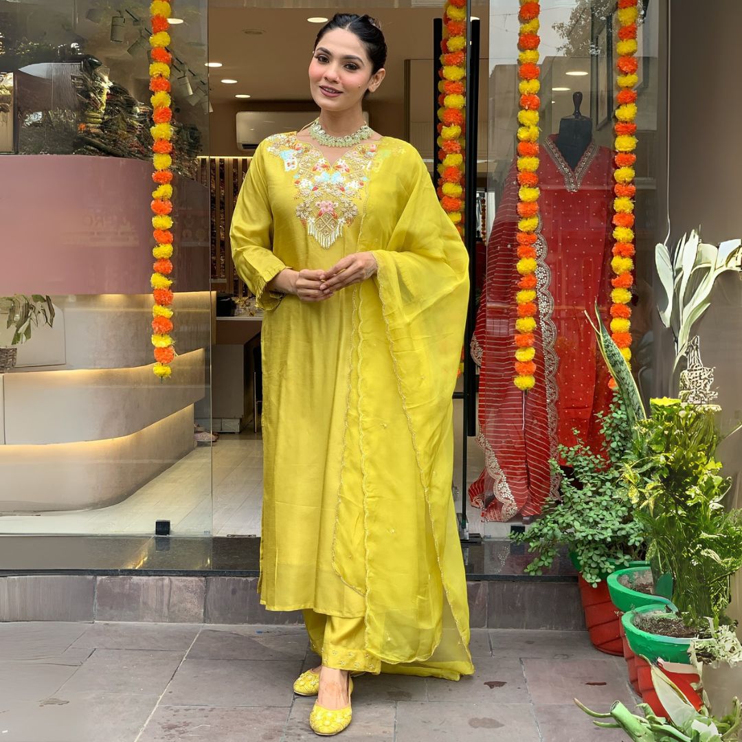Radiant Mustard Yellow Embroidered Chanderi Suit Set