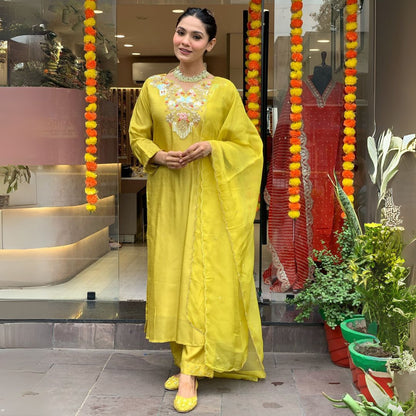 Radiant Mustard Yellow Embroidered Chanderi Suit Set