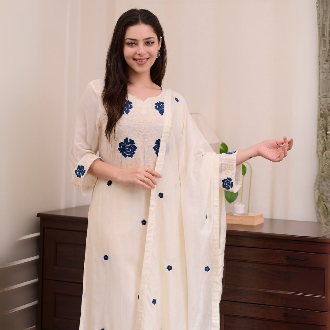 Elegant Cream Embroidered Rayon Slub Kurta Set with Chanderi Dupatta
