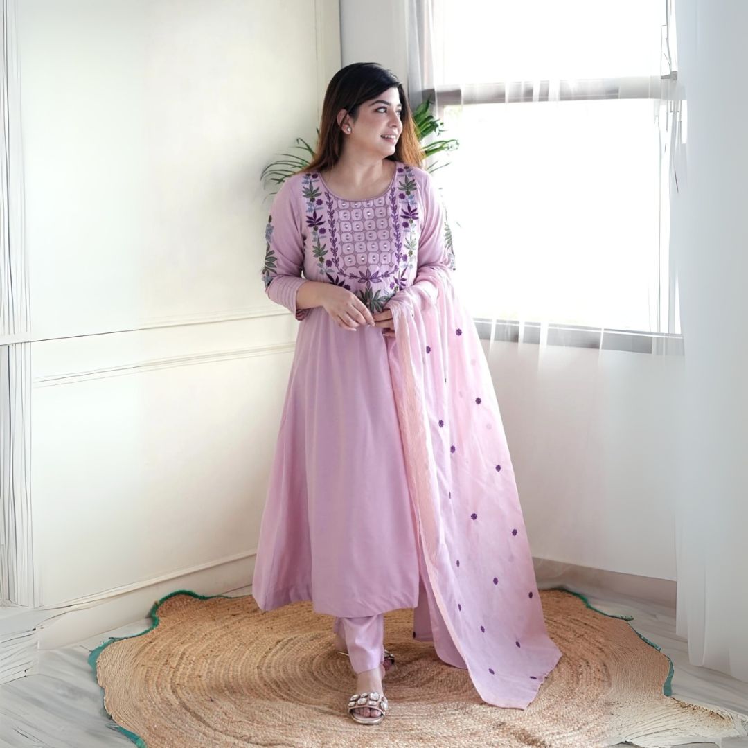 Lavender Embroidered Chanderi Silk Suit Set with Organza Dupatta