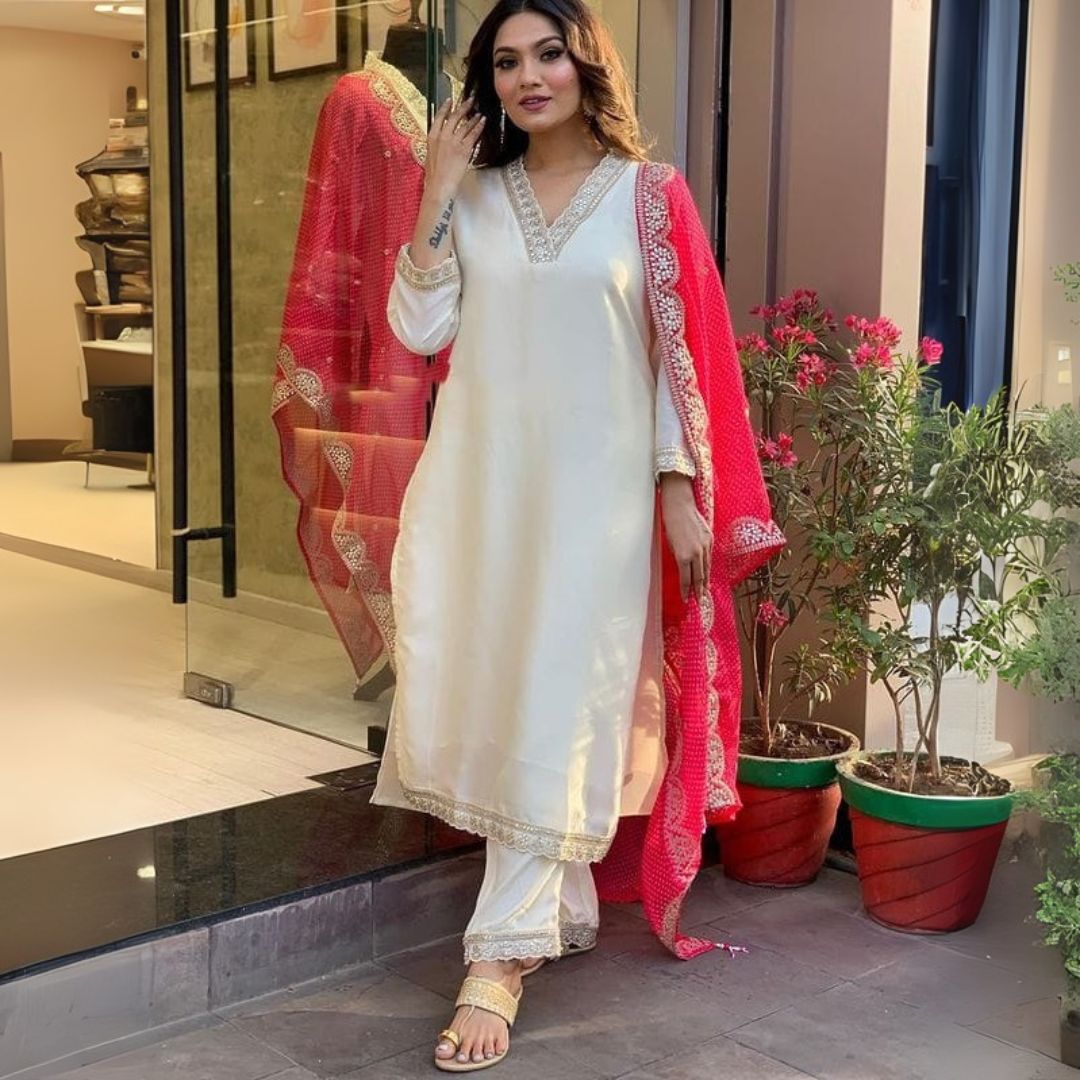 Elegant Off-White Chanderi Suit Set with Red Muslin Dupatta & Gorgeous Embroidery Work