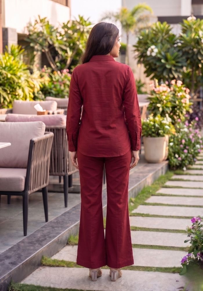 Women’s Cotton Shirt &amp; Flared Pant Maroon Co-Ord Set