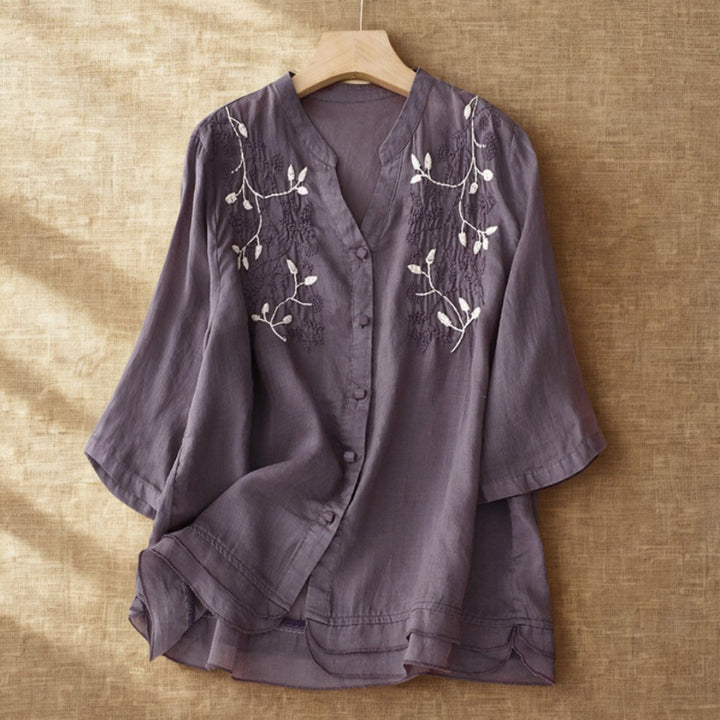 Embroidered Floral V-Neck Cotton Linen Top | Vintage 3/4 Sleeve Blouse