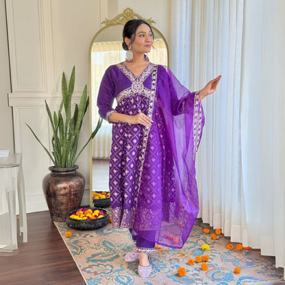 Royal Purple Chanderi Silk Embroidered Suit with Organza Dupatta