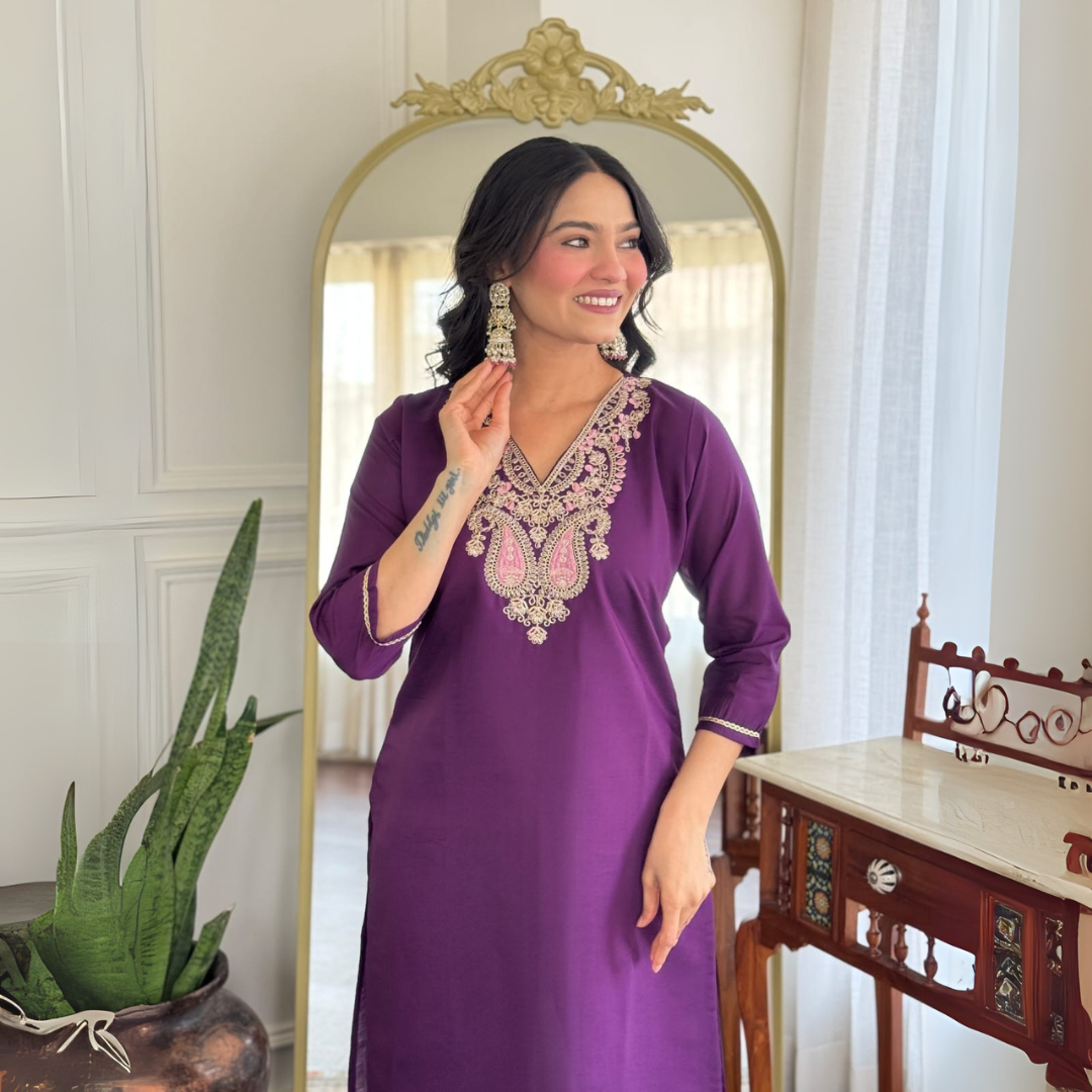 Royal Purple Chanderi Silk Embroidered Suit Set with Ombre French Crepe Dupatta