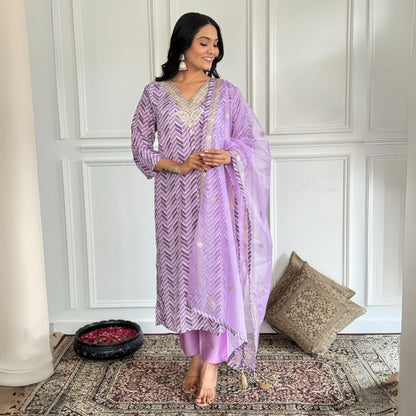 Elegant Lilac Embroidered French Crepe Suit Set with Organza Dupatta