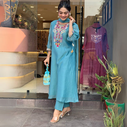 Turquoise Chanderi Silk Embroidered Suit Set with Organza Dupatta