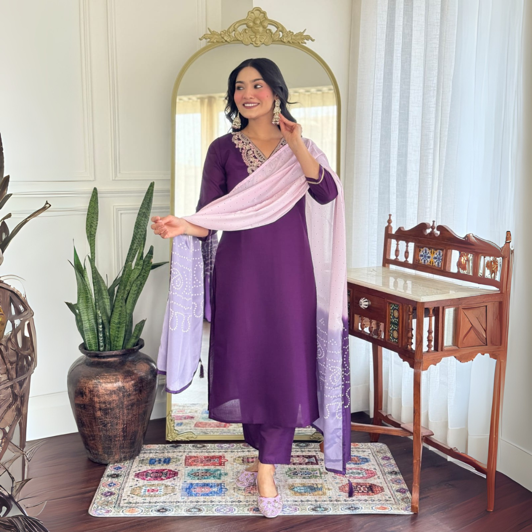 Royal Purple Chanderi Silk Embroidered Suit Set with Ombre French Crepe Dupatta