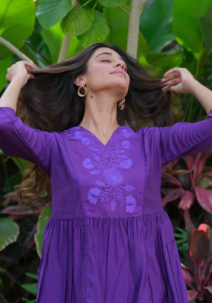 Heavy Silk Purple Embroidery Stylish Tunic for Women
