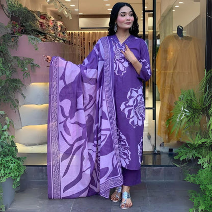 Elegant Purple Mal Cotton Embroidered Suit Set with Dupatta