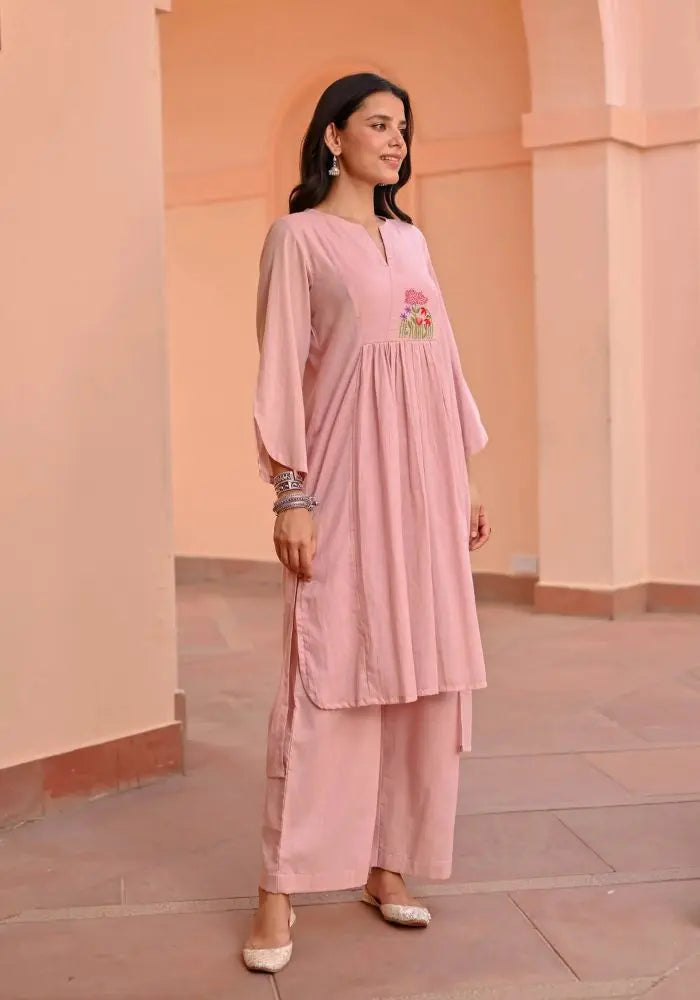 Buy Elegant Light Pink Cotton Kurta with Floral Embroidery  Women’s Fashion Online - We Shine