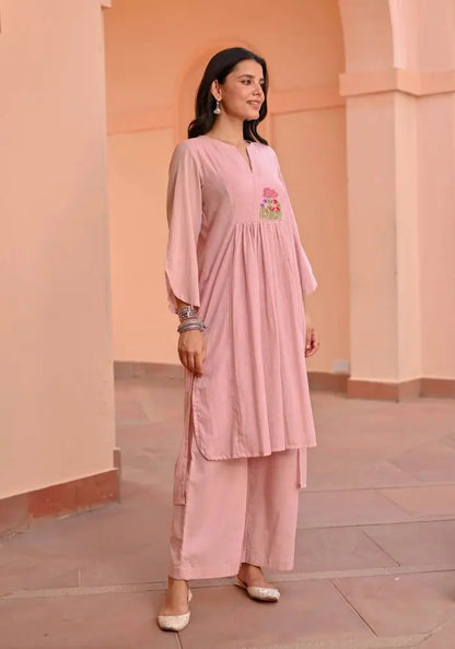 Buy Elegant Light Pink Cotton Kurta with Floral Embroidery  Women’s Fashion Online - We Shine