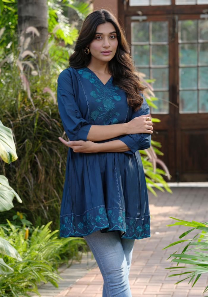 Heavy Silk Blue Embroidery Stylish Tunic for Women