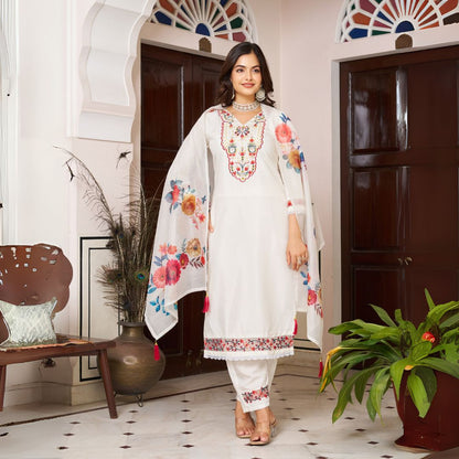 Ivory Bloom Embroidered Chanderi Silk Suit Set with Floral Dupatta