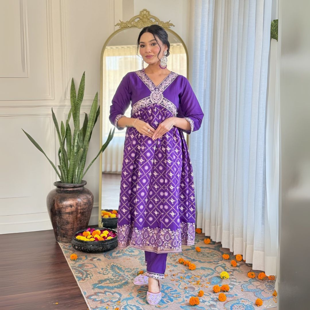 Royal Purple Chanderi Silk Embroidered Suit with Organza Dupatta