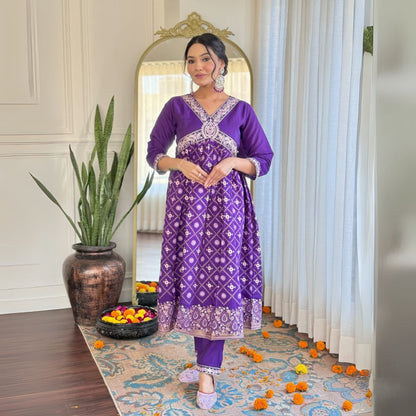 Royal Purple Chanderi Silk Embroidered Suit with Organza Dupatta