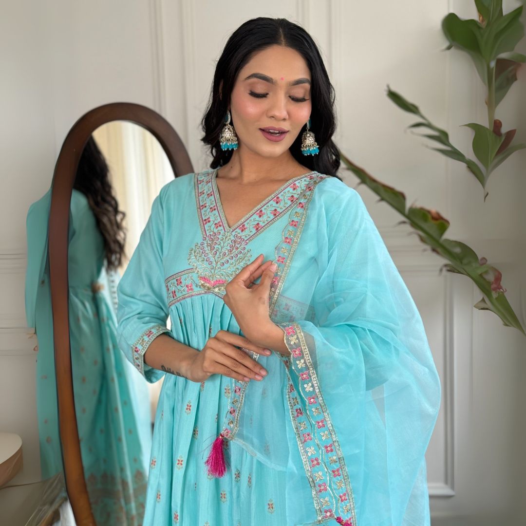 Elegant Aqua Blue Embroidered Kurta Set with Organza Dupatta