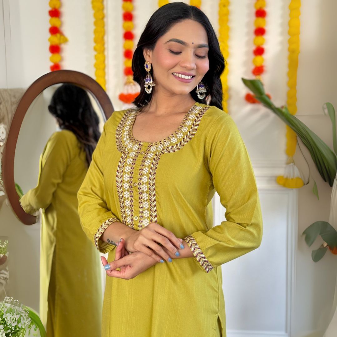 Olive-Gold Embroidered Suit Set with Royal Purple Dupatta