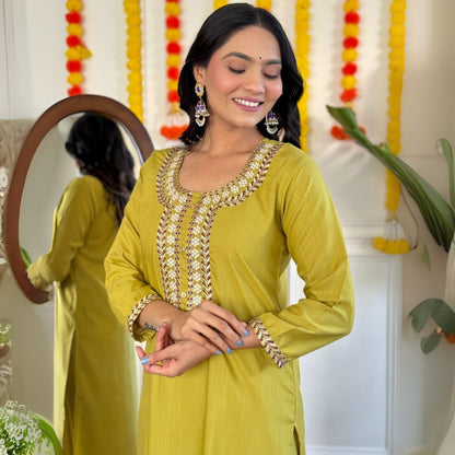 Olive-Gold Embroidered Suit Set with Royal Purple Dupatta