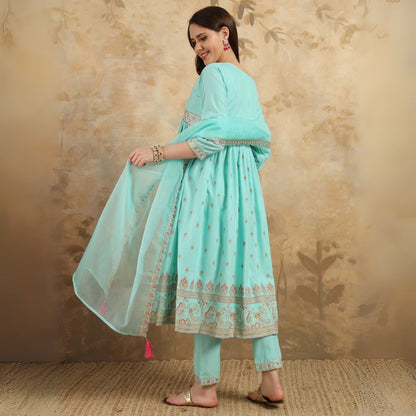 Elegant Aqua Blue Embroidered Kurta Set with Organza Dupatta