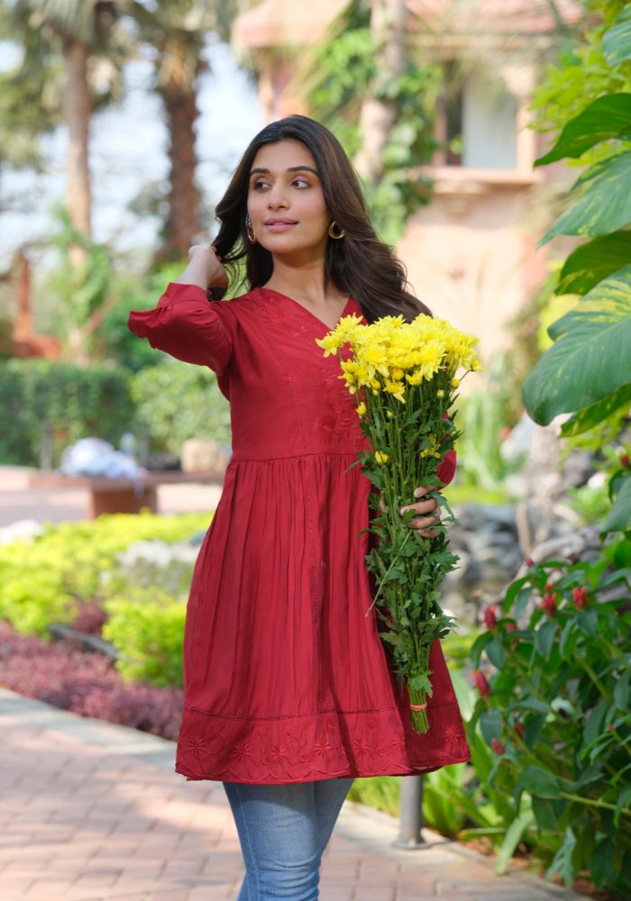 Heavy Silk Maroon Embroidery Stylish Tunic