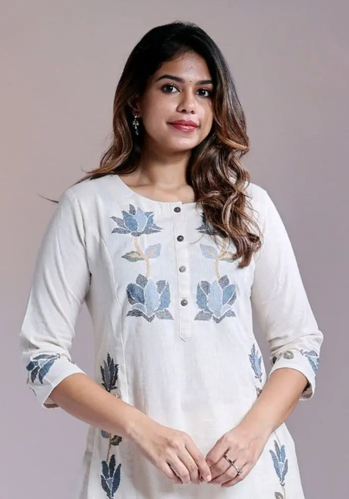 Buy Round Neck Floral Threadwork Design White Cotton Salwar Set  Women’s Fashion Online - We Shine