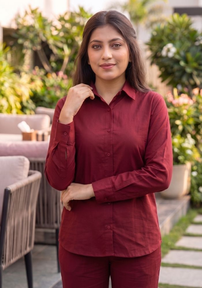 Women’s Cotton Shirt &amp; Flared Pant Maroon Co-Ord Set