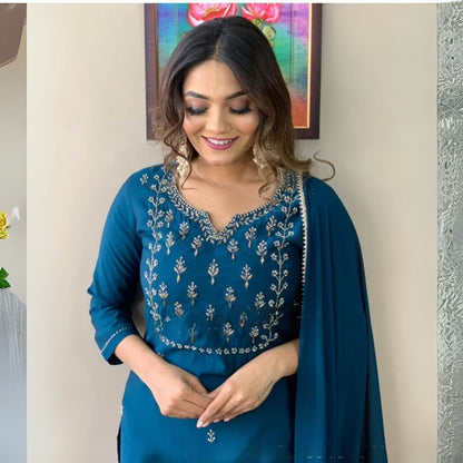 Teal Blue Embroidered Rayon Slub Suit Set with Chinnon Dupatta