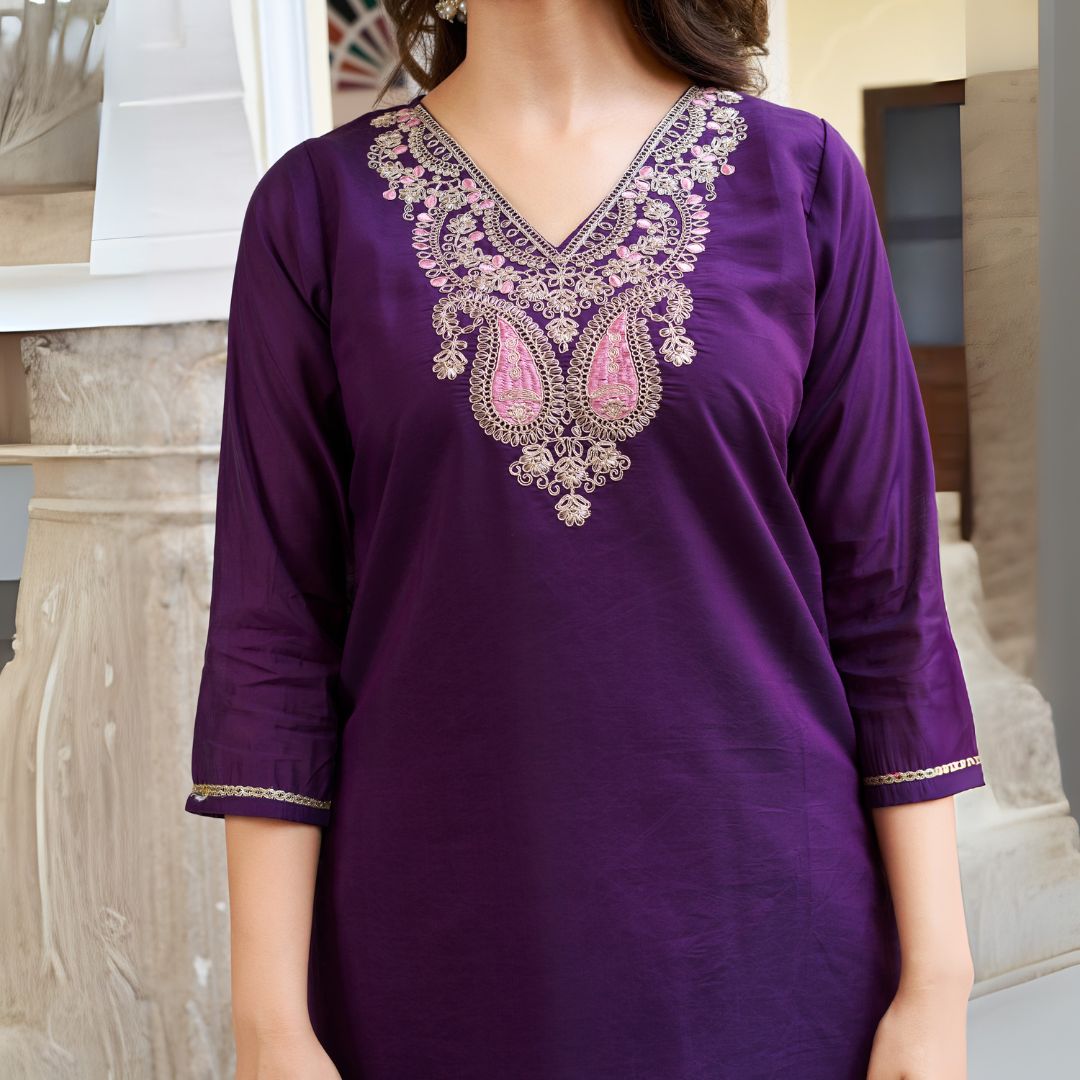 Royal Purple Chanderi Silk Embroidered Suit Set with Ombre French Crepe Dupatta