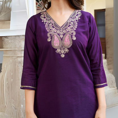 Royal Purple Chanderi Silk Embroidered Suit Set with Ombre French Crepe Dupatta